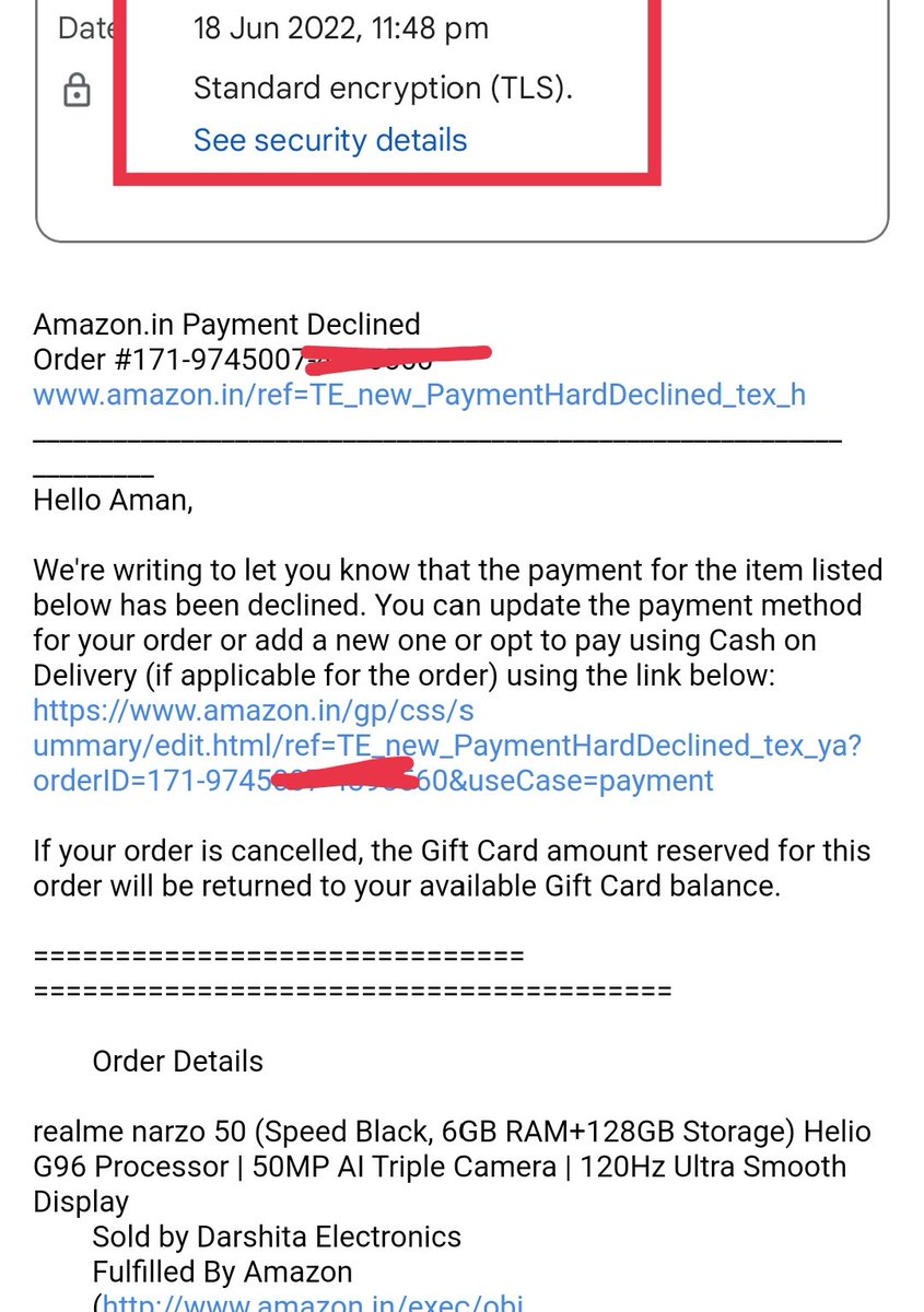 aman_awasthi_'s tweet photo. Placed an order yesterday. It was successful at that time but got payment declined mail after 5 hrs. Other people are also facing the same issue. Kindly resolve your technical issue and expedite the deliveries. Unnecessary the orders are getting delayed.
@amazonIN https://t.co/lADJeClCvE