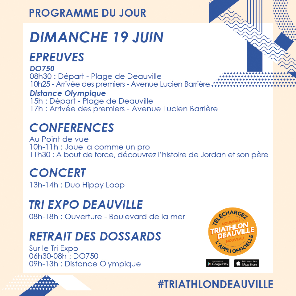 𝐏𝐑𝐎𝐆𝐑𝐀𝐌𝐌𝐄 𝐃𝐔 𝐉𝐎𝐔𝐑 🗓
Dernier jour sur le Triathlon Deauville Normandie et pas des moindres 😊

Retrouvez le programme détaillé sur notre application 📱
#TRIATHLONDEAUVILLE
