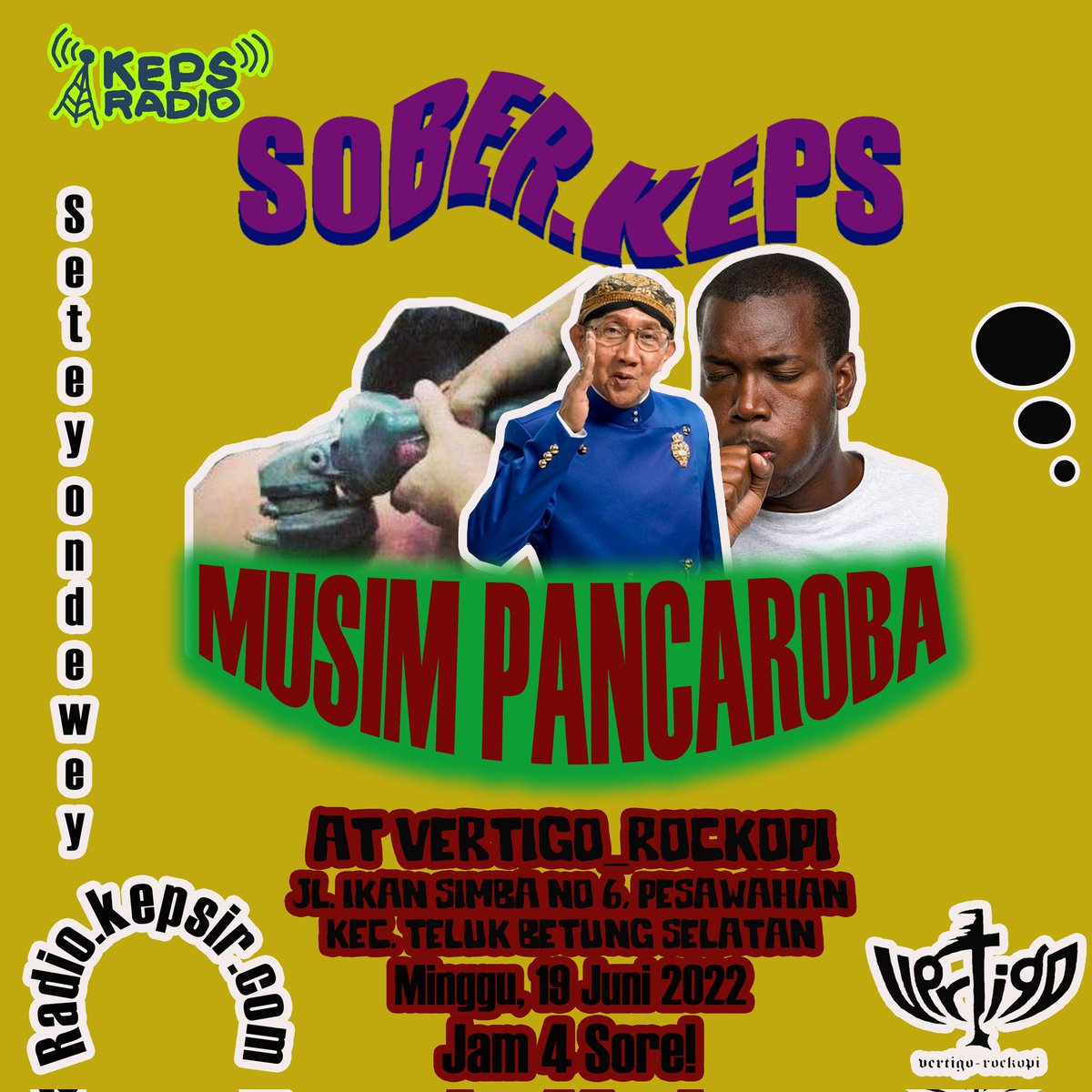 SOBER !

Hari ini yang today!
Minggu, 19 Juni 2022, jam 4 sore.
Siar langsung dari #VertigoRockopi T.Betung, B.Lampung.

Selengkapnya : radio.kepsir.com