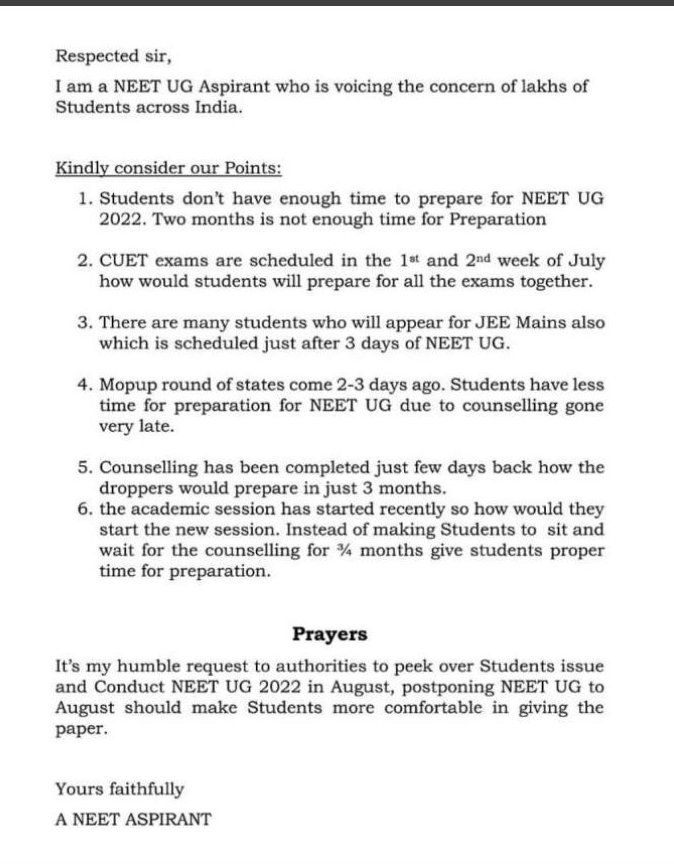 nitishsinghsin1's tweet photo. #JUSTICEforNEETUG @PMOIndia @DG_NTA 
Justice for neet UG aspirant plz postpone for neet 2022 30 to 40days 🙏🙏 https://t.co/kPdtGrpjJG