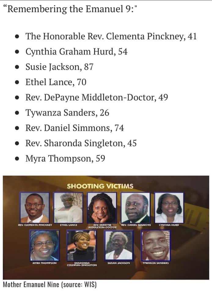 DrTiffanyHolli1's tweet photo. Today is the 7 year anniversary of the senseless murder of 9 Black people at Mother Emmanuel AME Church in Charleston where they welcomed a young White man to worship with them during bible study not knowing that moments later he would murder 9 of them. #emmanuel9 #lestweforget https://t.co/KwTtiGnaJt