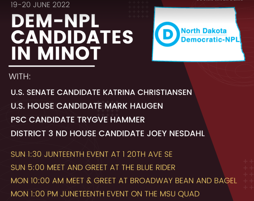 KRS_RogueShark's tweet photo. In MINOT, #NorthDakota - 
Sunday 6/19 and Monday 6/20. @TrygveHammer @katrina_senate @MarkHaugen20 #ndpol #DemNPL https://t.co/QmvINzHYyX