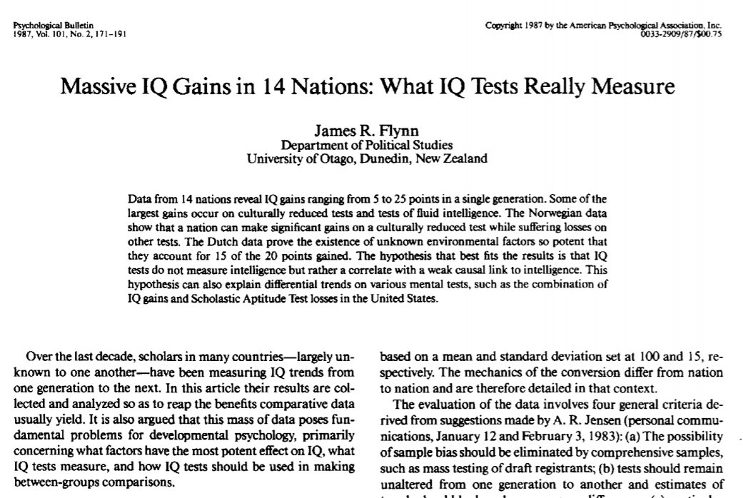 bretthmatthews's tweet photo. @elonmusk Except for the #FlynnEffect.
A small but important detail that has - for the past century - caused IQ rises precisely is fertility per woman has dropped!
An increasing supply of cognitively demanding jobs has more impact than genetics. https://t.co/xoJ1usTfQJ