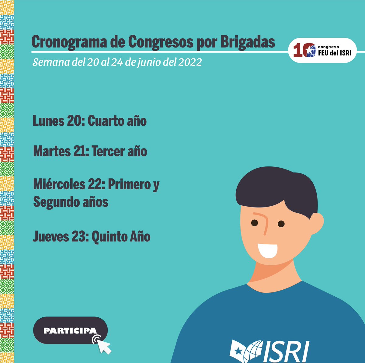 ✅Activamos Modo 10mo CONGRESO💭 en la FEU del ISRI 📋

‼️🗓Esta semana arrancamos con el *Congreso por Brigadas*

🔸Guarda y Comparte nuestro calendario, para que nadie se quede atrás 😜

<a href="/FeuCuba/">FEU de Cuba</a> <a href="/ISRICuba/">ISRI Cuba</a> 

#RevolucionandoLaFEU 
#10CongresoFEU
#SomosFEU
#CentenarioFEU