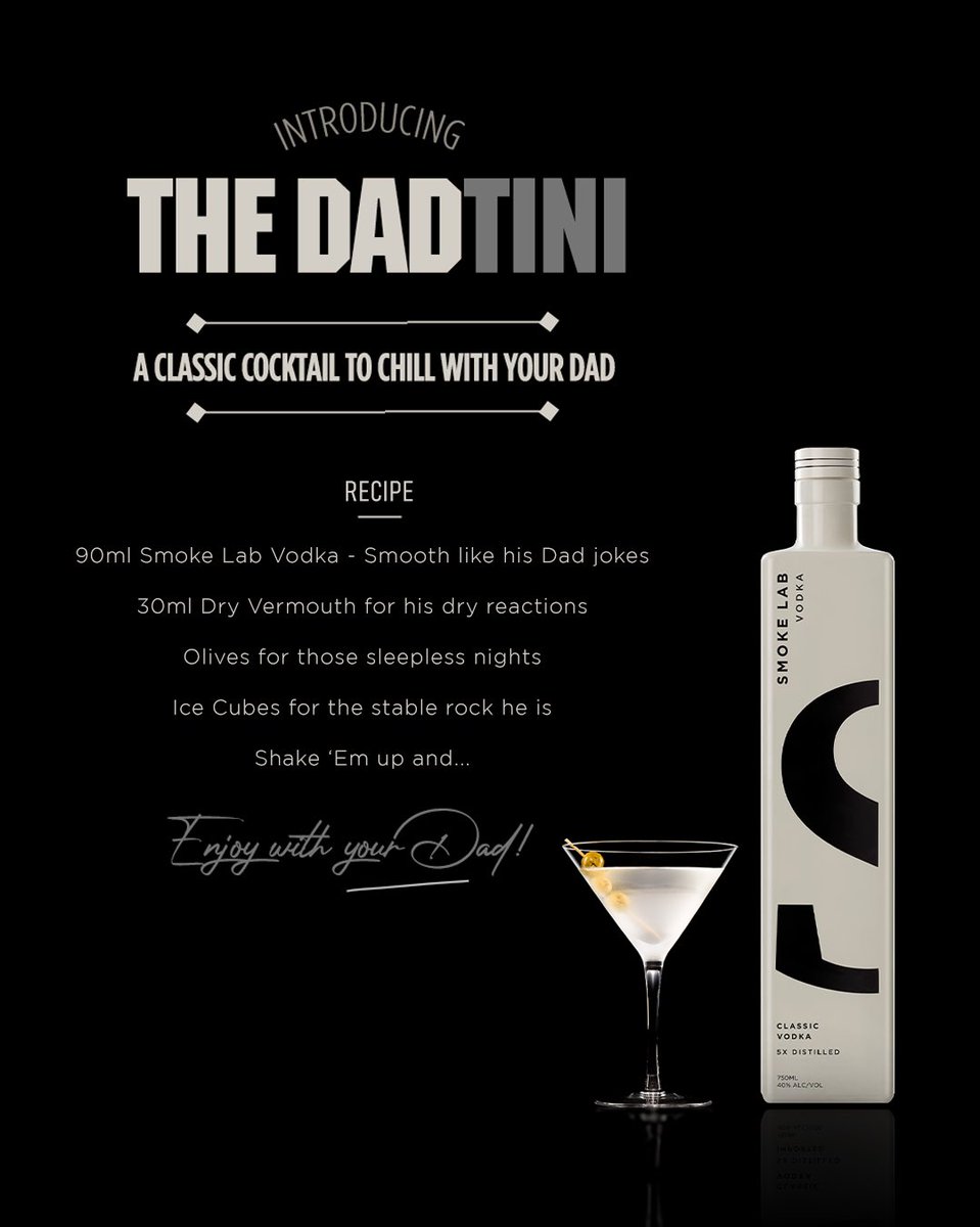 Being a Dad isn’t easy….just like it ain’t easy being a great drink. So how about a great drink for the best dad on their special day? #HappyDadTiniDay

#SundayFun #FathersDay #MartiniDay #WorldMartiniDay #Vodka #HappyFathersDay #Dad #DrinkResponsibly #SmokeLab #SmokeLabVodka