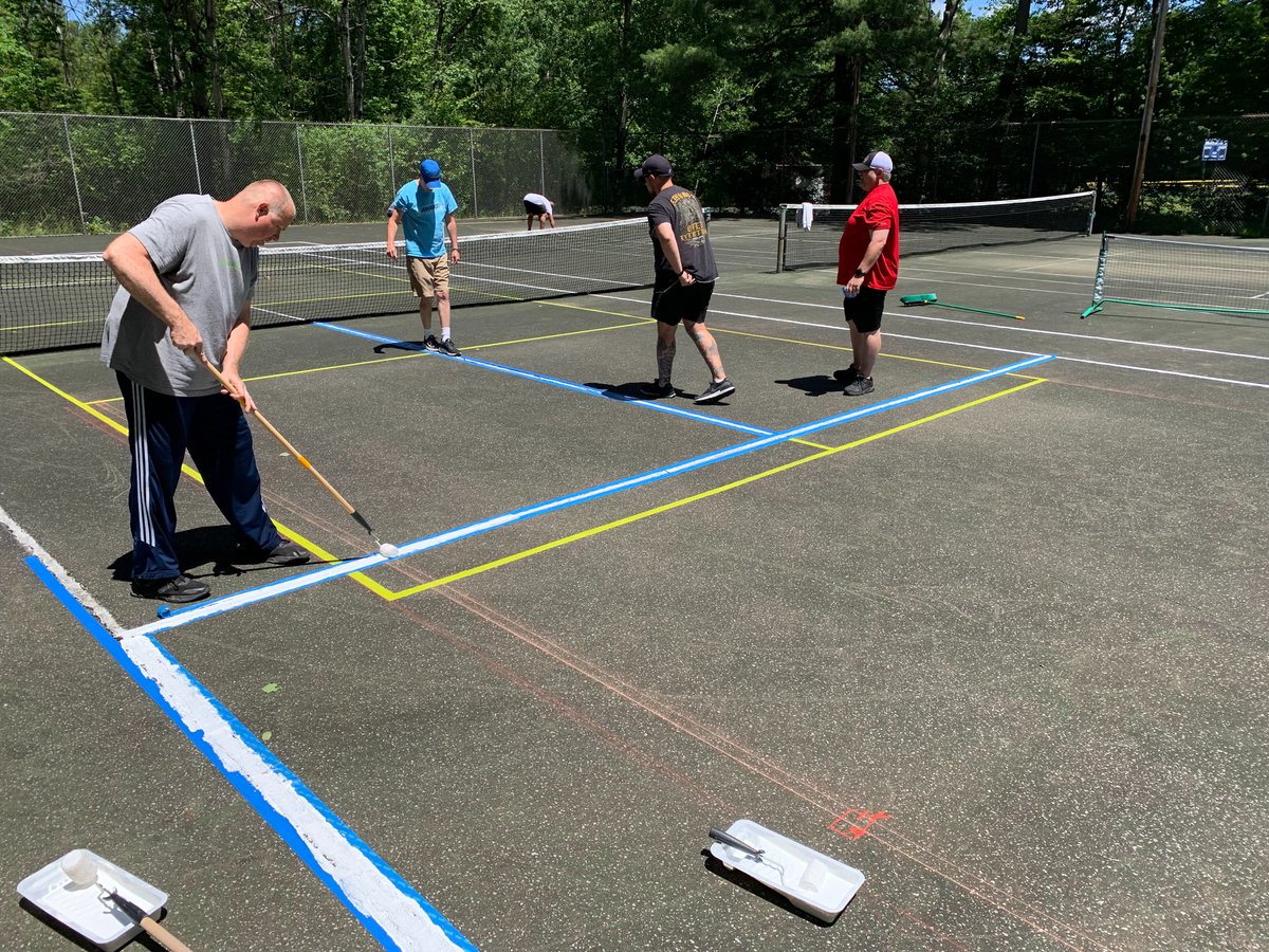 ImpactCorry's tweet photo. Tennis anyone? 🎾 Or perhaps pickleball? Thank you to everyone who came out today to repaint the lines on Mead Park's tennis courts and paint four sets of pickleball lines! Upgrades like these wouldn't happen without the help of local volunteers! Thank you!! #ImpactCorry #CorryPA https://t.co/UNmO7bK5fq