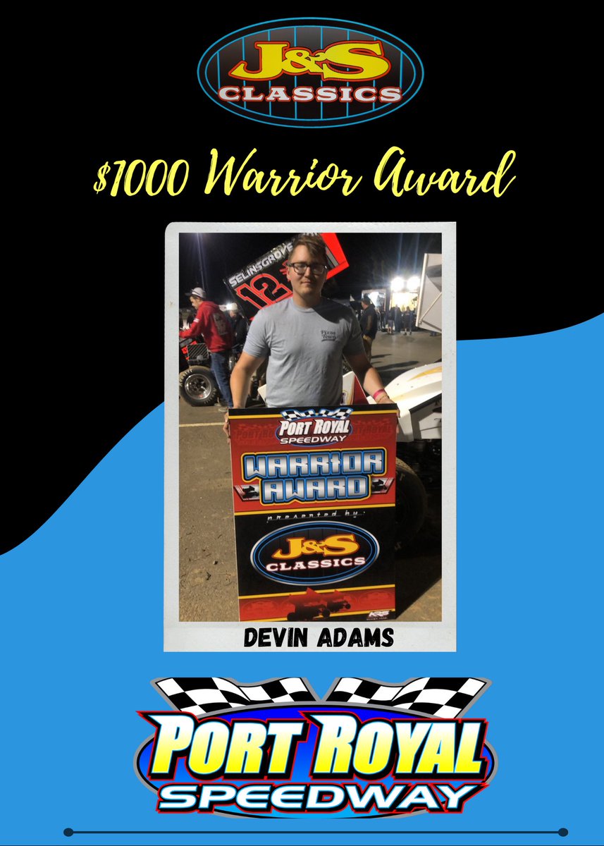 Port Royal Speedway #SpeedPalace (@portroyalspdway) on Twitter photo Tonightβs $1000 J&S Classics Warrior Award recipient after a random draw of 24 at Port Royal Speedway is <a href="/DevinAdams99/">Devin Adams Motorsports</a> Tonightβs $1000 J&S Classics Warrior Award recipient after a random draw of 24 at Port Royal Speedway is <a href="/DevinAdams99/">Devin Adams Motorsports</a>