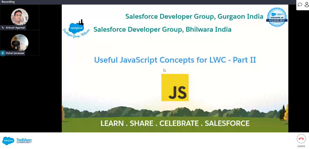 Salesforce Developer Group, Gurgaon, India

Todays session on Javascript for LWC
<a href="/trailhead/">Trailhead</a>
<a href="/AnkushAgrGpr/">Ankush Agarwal</a>
@Vishal_sfdc
#TrailblazerCommunity 
@gurgaon_sfdc