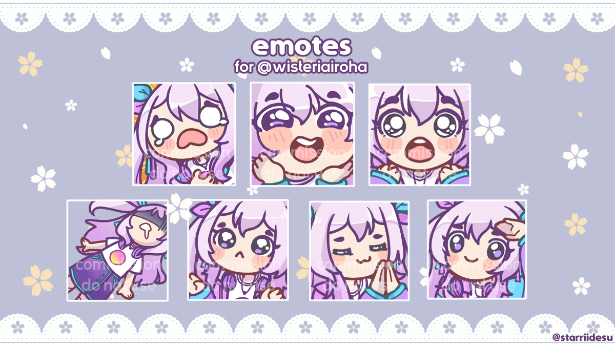I had the honor of making new emotes for <a href="/wisteriairoha/">wisteria 🌺🍃 Zutto Issho ! Cover Out! 🫧</a> ! If you enjoy them please consider stopping by her 24-hour anniversary stream that's live right now~✨✨