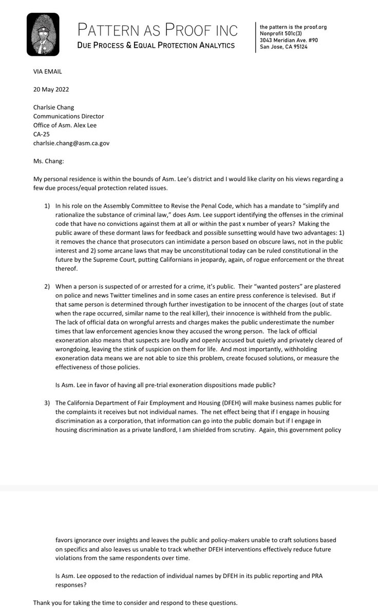 PatternAsProof's tweet photo. 3/3 My own #CALeg Assemblymember @alex_lee was asked a month ago whether anonymity for natural person respondents was appropriate and has thus far refused to reply. @ your rep and see whether you have more luck. https://t.co/aKQ2iQ6yDh
