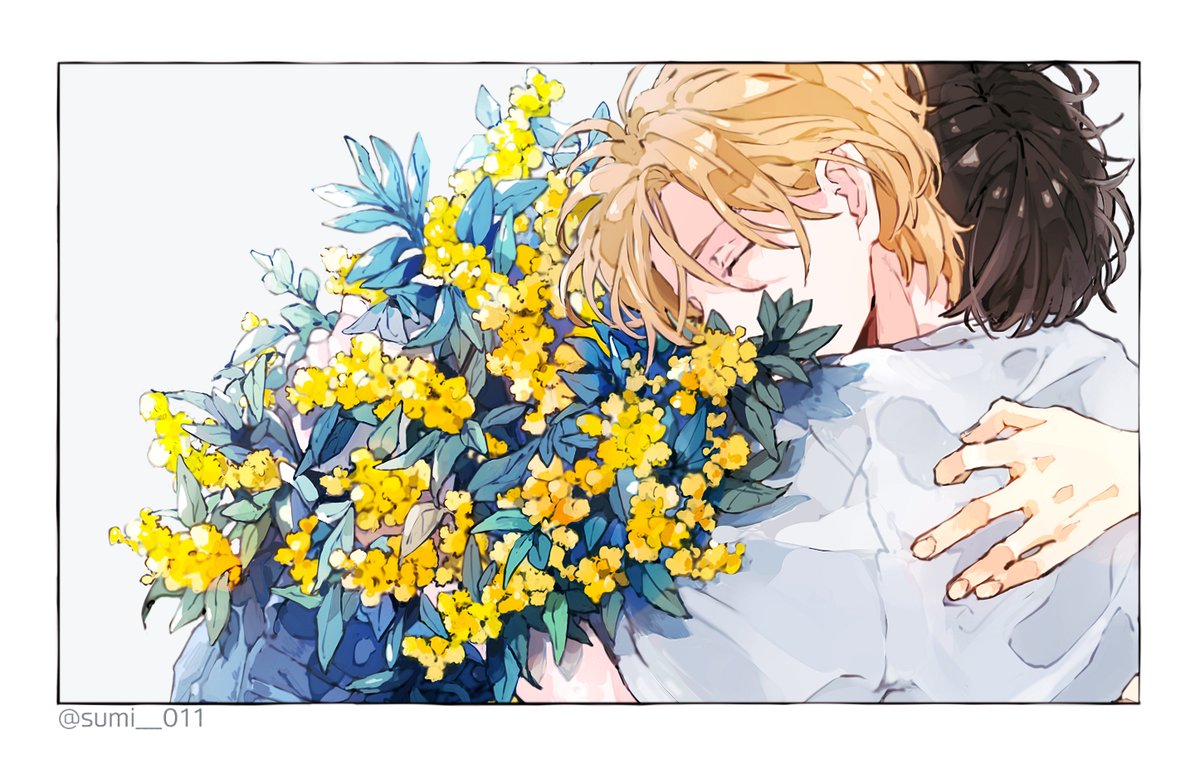 flower multiple boys 2boys male focus hug closed eyes blonde hair  illustration images