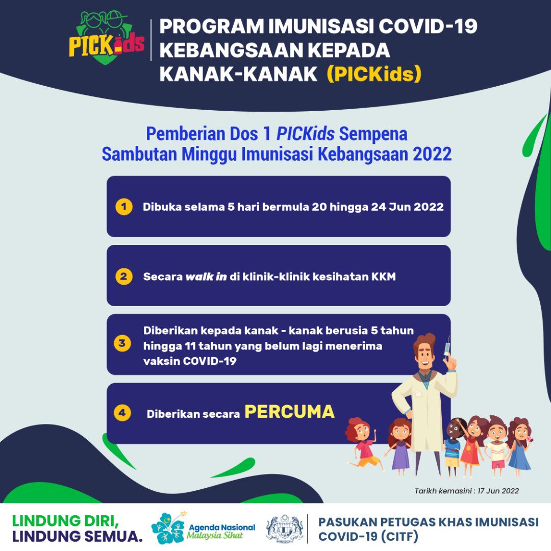 Pemberian dos 1 #PICKids akan dibuka semula sempena sambutan Minggu Imunisasi Kebangsaan 2022 selama 5️⃣ hari bermula 20 hingga 24 Jun 2022. Ibu bapa boleh hadir secara jumpa terus di klinik-klinik kesihatan KKM. Pemberian ini adalah PERCUMA!