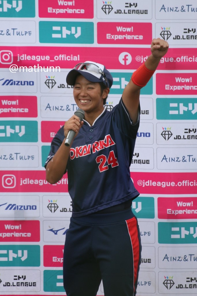 mathunn's tweet photo. 写真垢に載せてない写真ちょっとだけ。JDリーグの試合観てきました。その７ (2022年6月5日撮影＠朝霞中央公園野球場) 
第２試合でMWPになった東海理化の小倉美衣菜選手。
JDリーグ初めて見に行ったけど、全体的に笑顔多くて良かった https://t.co/xISjVKrH8C