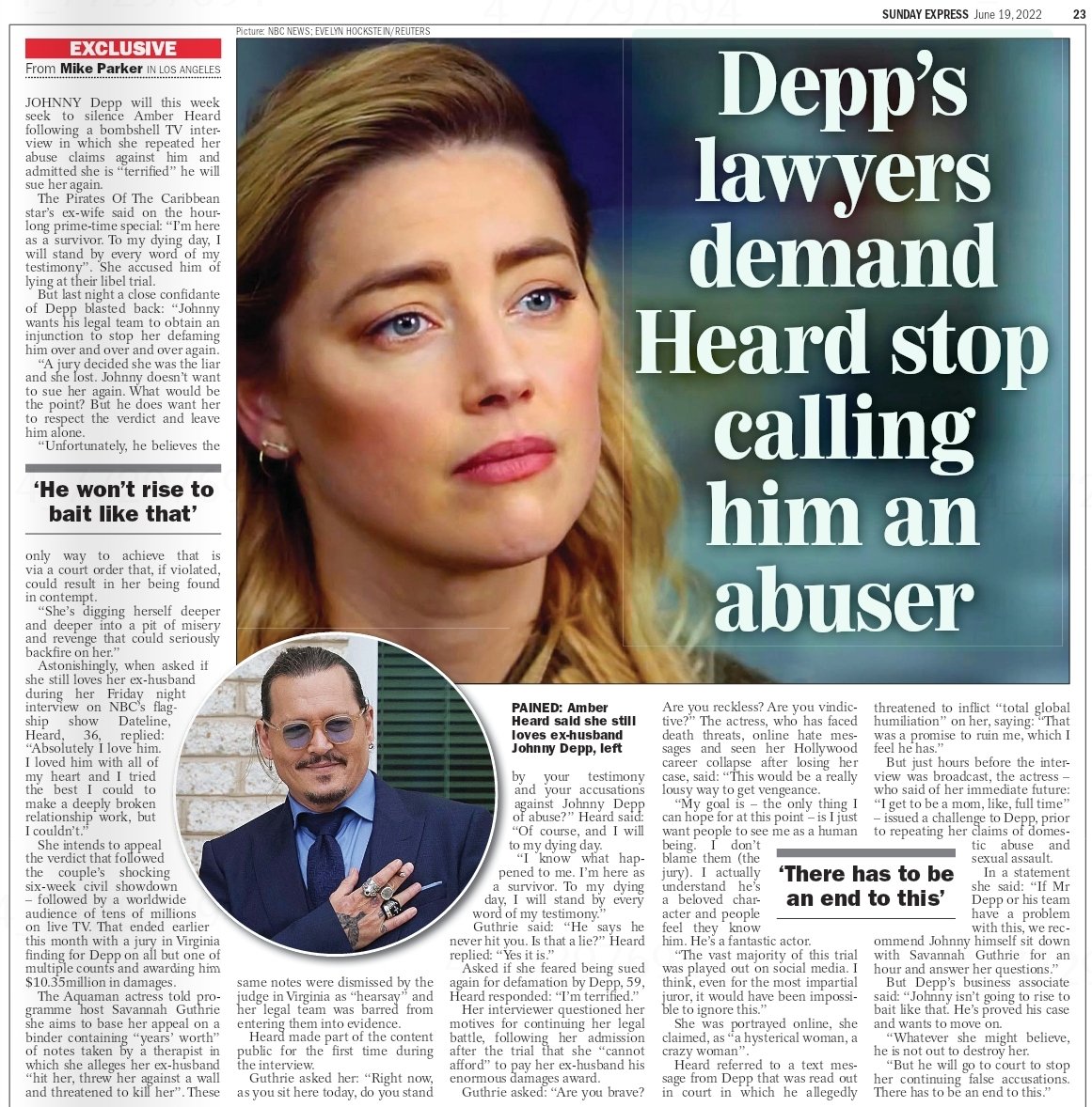 LakotaDi's tweet photo. Sunday Express 19 June issue has this article. 
#VictoryForJohnnyDepp 
#JusticeServedforJohnnyDepp https://t.co/kI2sstnRtx