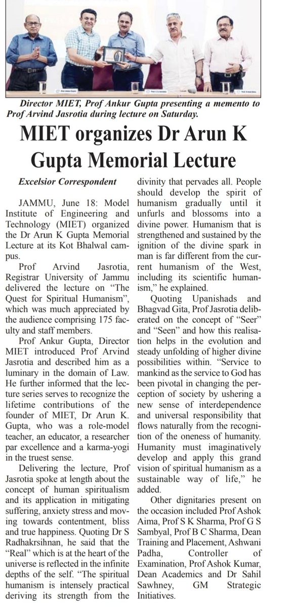 ArvindJasrotia3's tweet photo. The Quest for Spiritual Humanism..!! An Engaging Lecture delivered at MIET,  Jammu. https://t.co/8fN2tqywS9