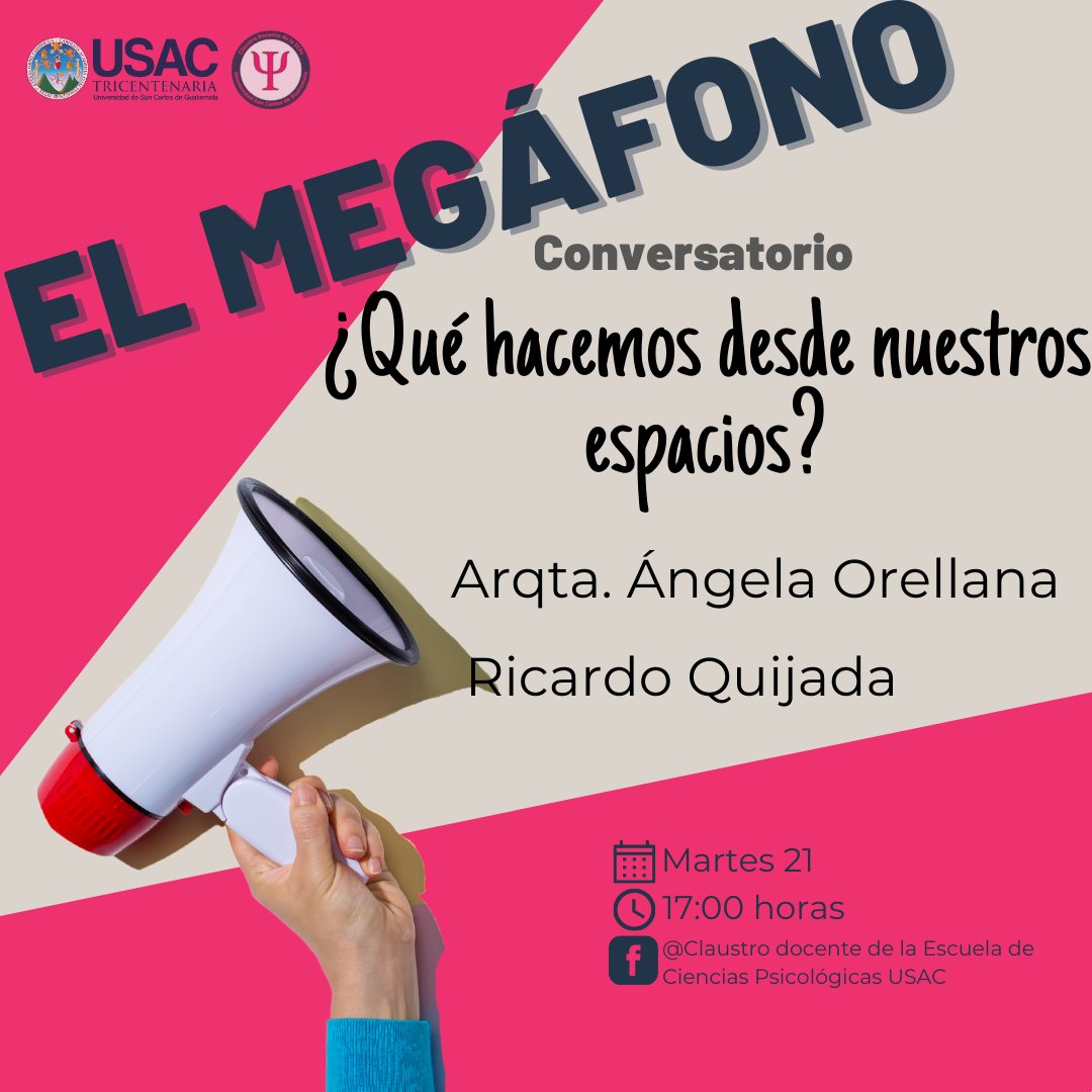 ClaustroPsico's tweet photo. En este nuevo megáfono: ¿Que hacemos desde nuestros espacios? 
Nos acompañan: Ángela Orellana y Ricardo Quijada.
⏱17:00 horas
📆 martes 21 de junio
📌 FB Live: Claustro docente de la Escuela de Ciencias Psicológicas USAC https://t.co/DKUGKK0NdC