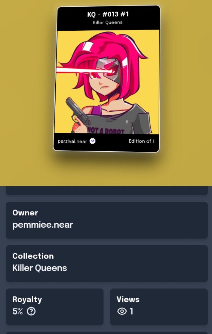 KillerQueens10's tweet photo. Thank you @pemmieeartz for collecting KQ - #013 ! You've got great eyes yes. 🤖

Get yours on @ParasHQ !
#nftcollectors #NEARnft #NEARProtocol https://t.co/lX54HGOIsX