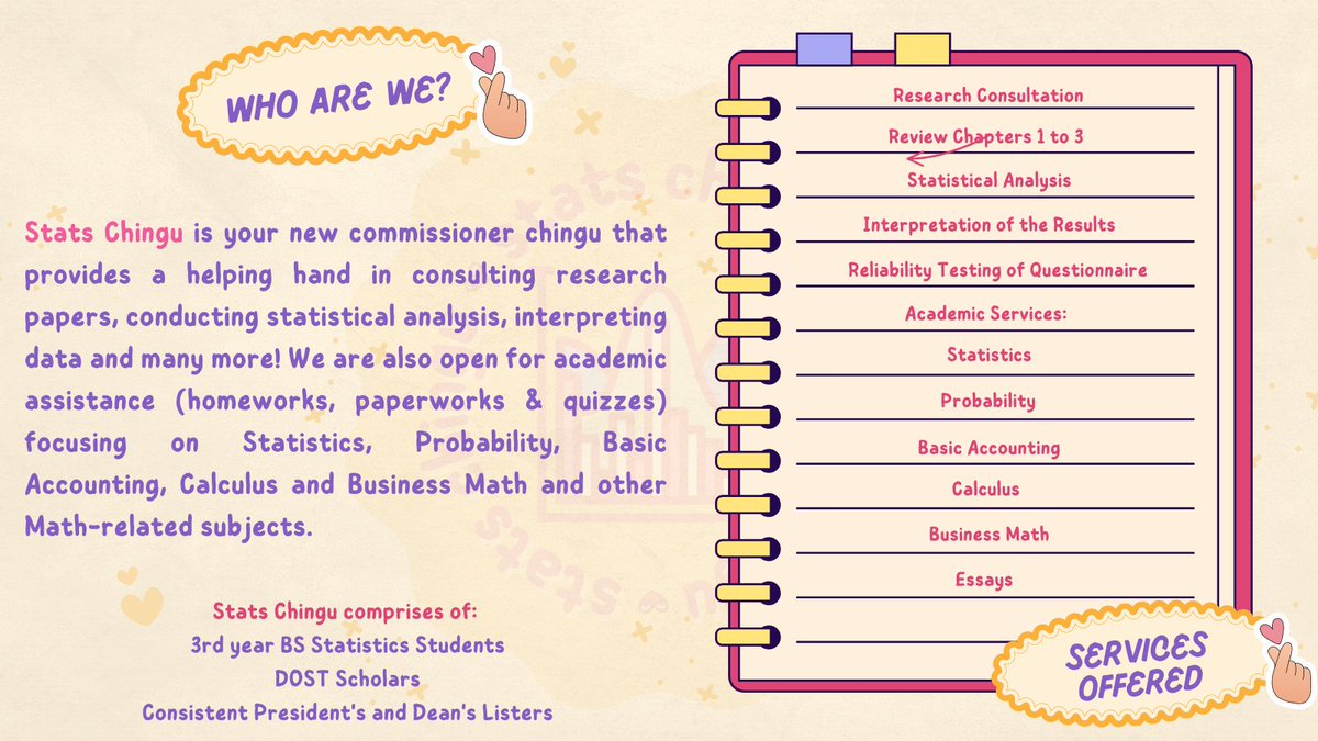 StatsChingu's tweet photo. Annyeong! Stats Chingu is here! A group of BS Statistics students, your new chingus to help you on your research paper, homework any many more ♡✧ Just shoot us a dm and we'll assist you! 

tags: statisticians, research consultation, statistical analysis, commissioner, stats https://t.co/ofNeBS7Cq5