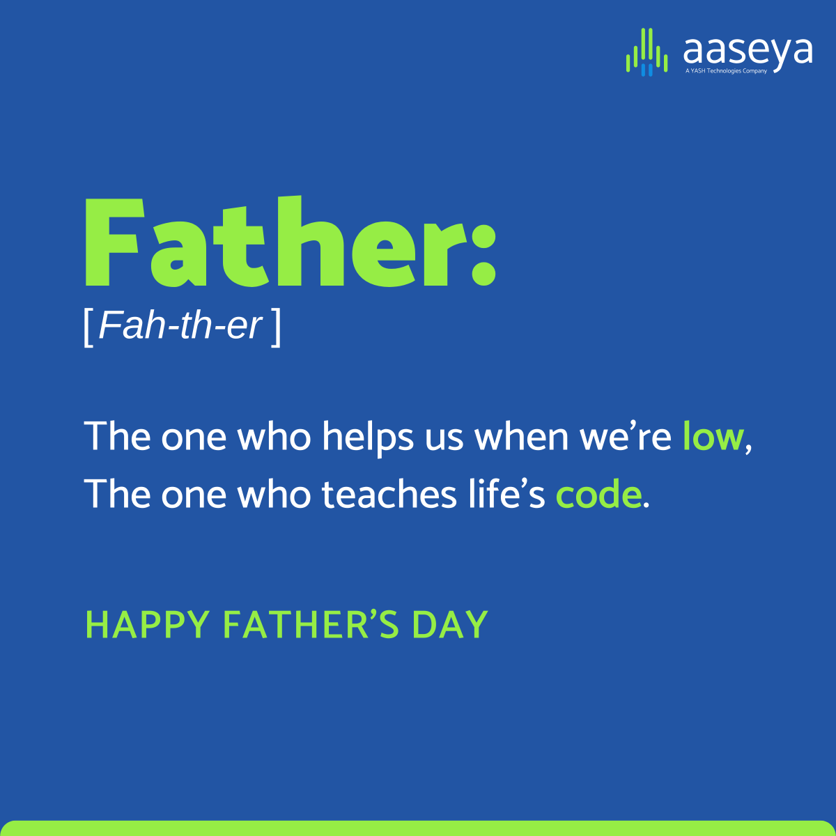 AaseyaIT's tweet photo. #Fathers are people who help us innovate and be better than what we were yesterday. We wish all fathers a #HappyFathersDay.

#Aaseya #LifeAtAaseya #fathersday #fathersday2022 #innovation  #lowcode #pegapartners #outsystemspartner #lowcodeplatform #AcceleratingDigital https://t.co/kRMOUL4gzm