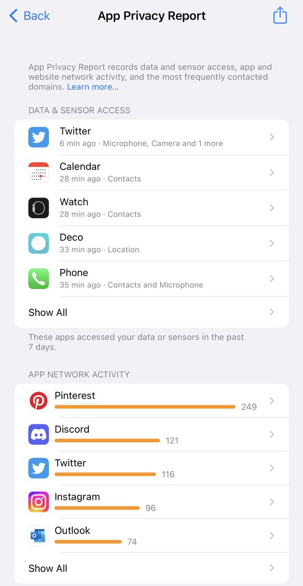 ExplorebyRoad's tweet photo. #AppPrivacyReport on #iOS16 shares about the apps and it’s activity along with the camera / location/ microphone usage… #iOS16Beta https://t.co/wjSPtY5PTf