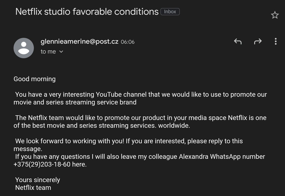 OMG! I just got a message from #Netflix I can't wait to promote their movie and series streaming service brand because of favorable conditions lol Seriously, how gullible do these scammers think people are. 😆🤣😆🤣