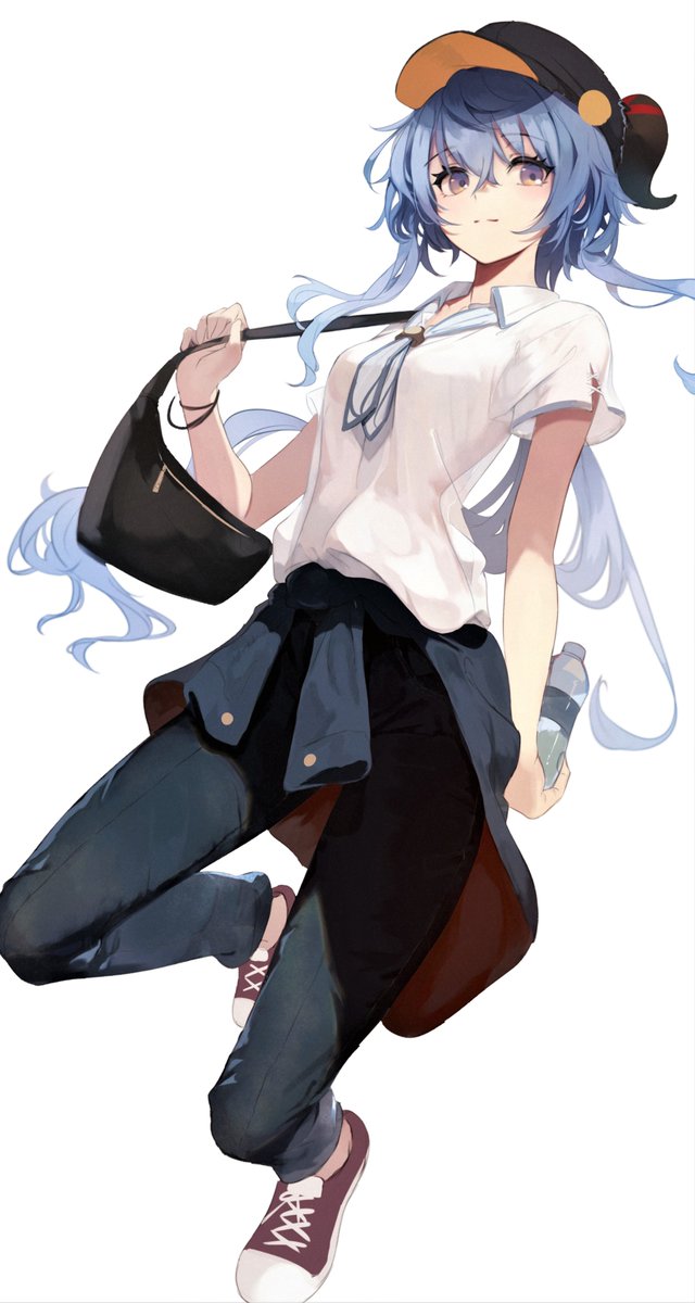 ganyu (genshin impact) 1girl solo hat clothes around waist blue hair bottle long hair  illustration images