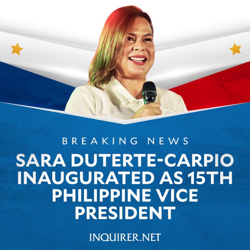 thinkasean_'s tweet photo. Hi ASEAN familly

#NewsFromPhilippines🇵🇭

Sara Duterte-Carpio, daughter of outgoing President Rodrigo Duterte, is inaugurated as the 15th Vice President of the Philippines.🇵🇭

📄@inquirerdotnet 

#Philippines #saraduterte #VicePresidentPH #ThinkASEAN #BongBongMarcos https://t.co/5A5GWj9lY2