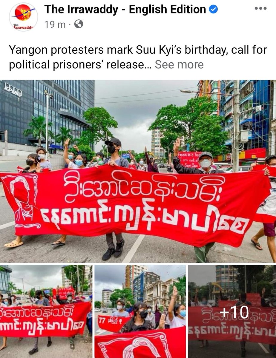 MayWongST's tweet photo. Despite the dangers of protests, #Myanmar citizens across nation, from civilians to #ethnic armed groups like #KNLA @knuhq, commemorated detained #AungSanSuuKyi's 77th birthday today. Some even hung up public banners in Pyin Oo Lwin, a known army location #WhatsHappeningInMyanmar https://t.co/0ehLsgQsji