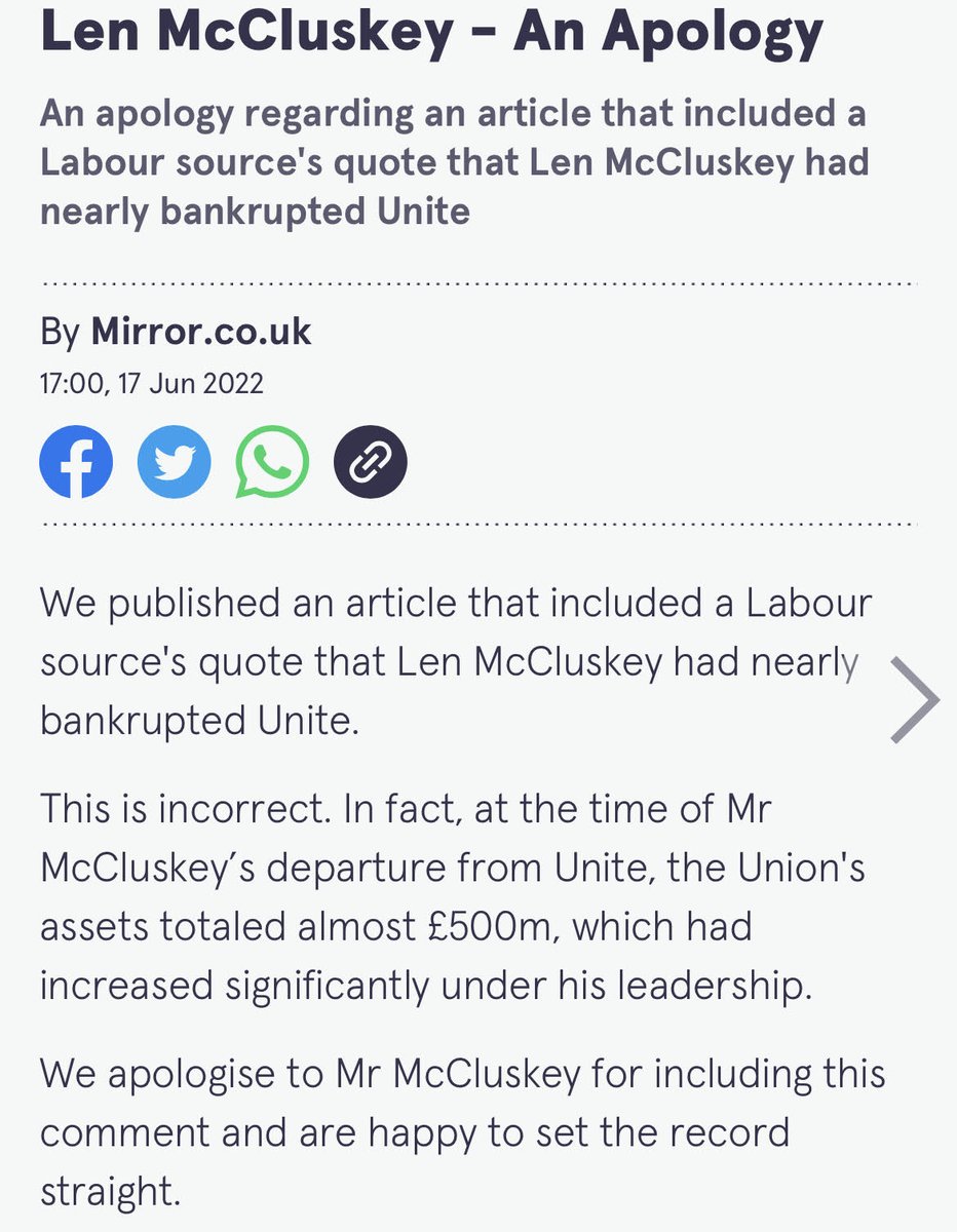 I am pleased that the Mirror has apologised to me. I am donating the £18,000 damages to the NSPCC.

I value the Daily Mirror as a newspaper but reporters can’t repeat untrue comments from factional sources.