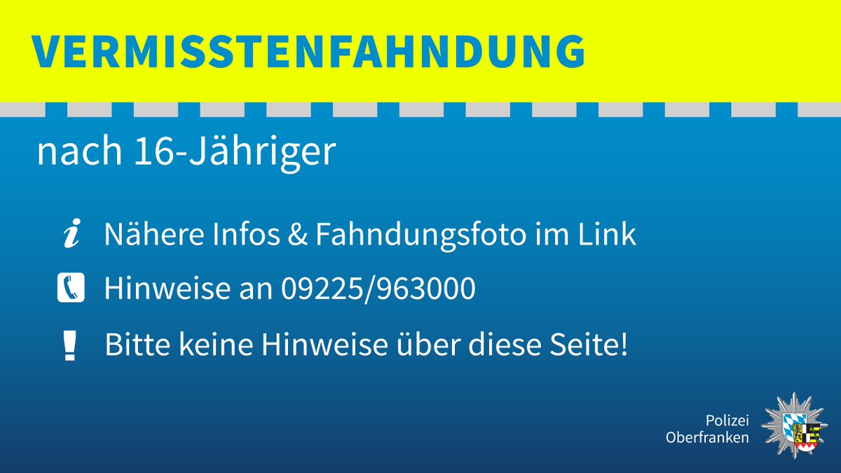 Seit 18.06.22 wird eine 16-Jährige aus Neuenmarkt vermisst. Zeugen werden gebeten, sich mit der Polizei Stadtsteinach in Verbindung zu setzen.

Alle Infos unter:
polizei.bayern.de/fahndung/perso… 

#Vermisstenfahndung #Polizei #oberfranken
