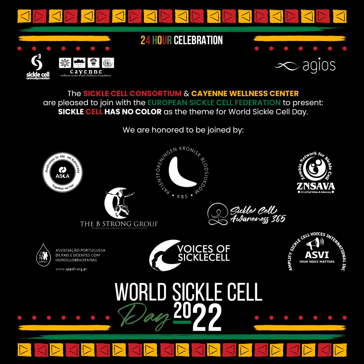 SCCConsortium's tweet photo. Thank you to all of our participants for joining us for our 24-Hour Sickle Cell-A-Thon Celebration in partnership with Cayenne Wellness! We are also so appreciative of the European Sickle Cell Federation for allowing us to partner in the #SickleCellHasNoColor campaign! https://t.co/1ERNl2WgzI