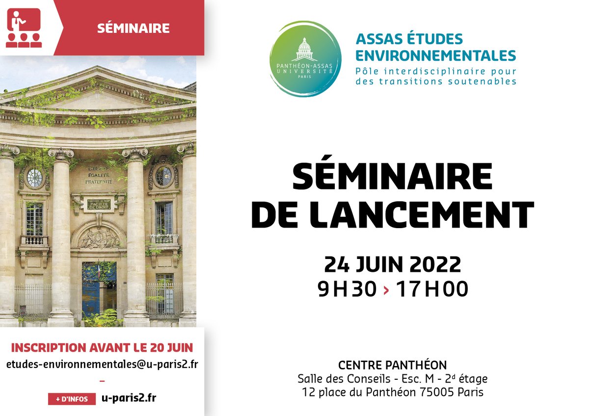 #ConfAssas Séminaire de lancement : Assas études environnementales - Inscription avant le 20 juin @IHEI_Paris <a href="/LARGEPA/">LARGEPA</a> @carism_ifp 
🗓 24/06
⏰ 09h30 - 17h00
Plus d’infos sur 👉 u-paris2.fr/fr/evenements/… #AssasUniv