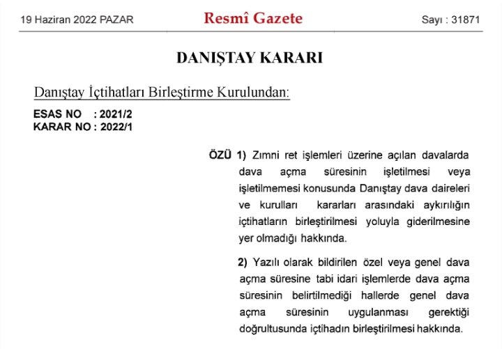 Danıştay İBK , dava açma süresinin belirtilmediği hallerde genel dava açma süresinin(60 gün) uygulanması konusunda içtihadı birleştirme kararı verdi.

(malumun yeniden ilanı)