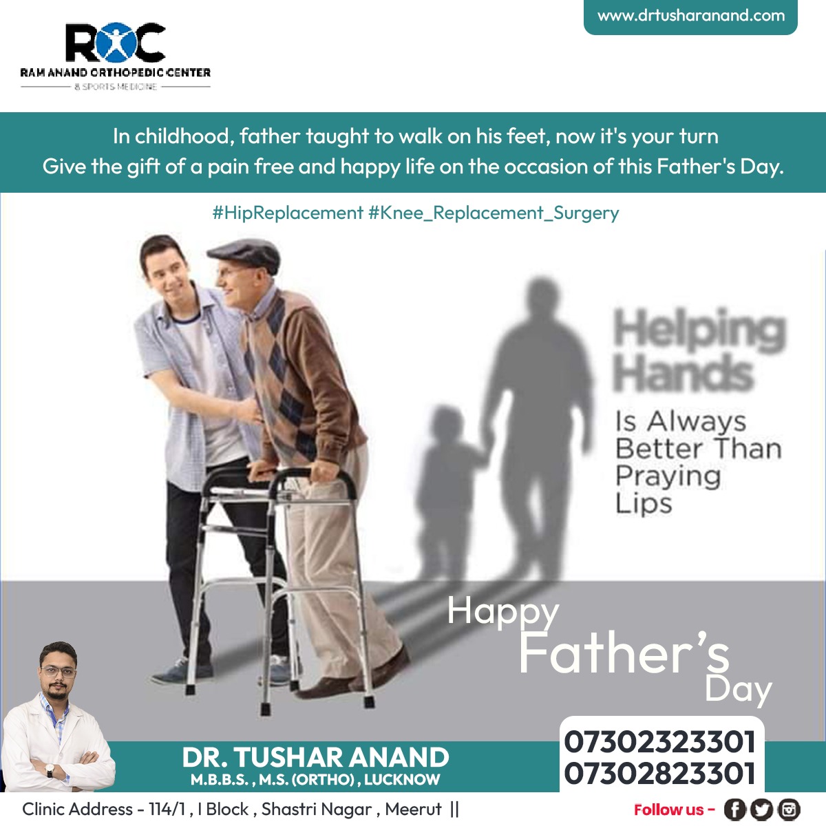 RamAnandOrtho's tweet photo. In childhood, father taught to walk on his feet, now it's your turn Give the gift of a pain free and happy life on the occasion of this Father's Day
Visit us : https://t.co/UqftA5pWav
#HappyFathersDay #Father #Love #SpecialGift #HapinessLife #DrTusharAnand #OrthopedicSurgeon https://t.co/zms1quTTkB