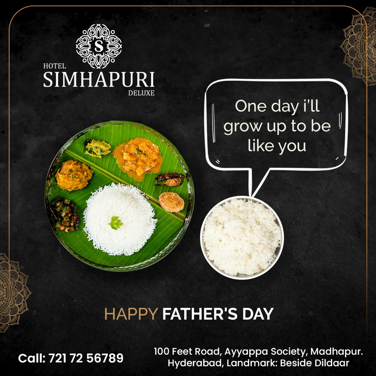 HotelSimhapuri's tweet photo. @hotel_simhapurideluxe  is a place to check out with your family. Comment if you agree

#FathersDay #superheroes #supportsystem #sundaymood #father #dad #papa #happyfathersday 
#OnlineDelivery #Delicious #dinner #telugufood #indianfood #southindianfood #hyderabad #nellorecuisine https://t.co/UjePtdSvpJ