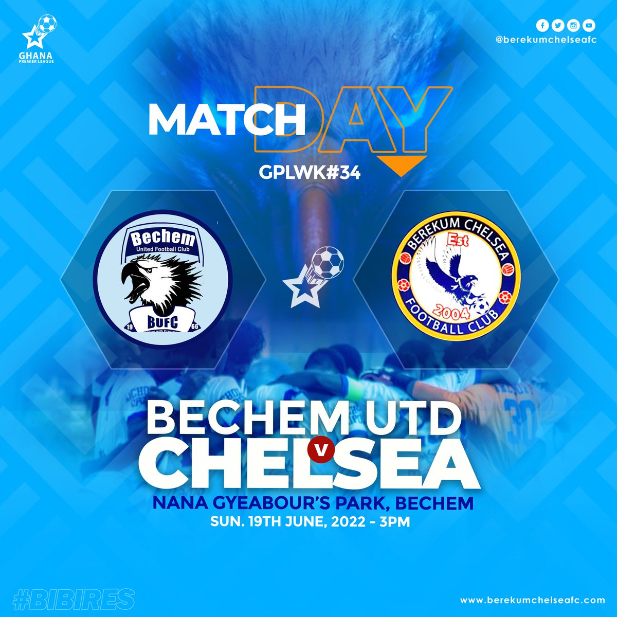 BerekumChelseaF's tweet photo. ⚡ 𝙈𝘼𝙏𝘾𝙃𝘿𝘼𝙔 ⚡
🆚 | Bechem United
📆 | 19/06 /22
🏟️ | Nana Fosu Gyeabour Park
📍 | Bechem
⏰ | 15:00 GMT
🏆 | GPL / Round 2
#GPLwk34| #Bibiries
#BUBC https://t.co/VtL3kCCKZk