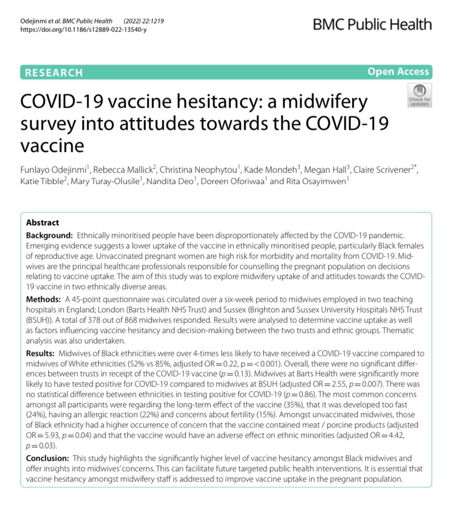 Sharing our latest paper in <a href="/BMC_series/">BMC Series</a> exploring #COVID19 vaccine hesitancy amongst midwives. A truly collaborative piece of research over 2 NHS trusts!! <a href="/UHSussex/">University Hospitals Sussex</a> <a href="/NHSBartsHealth/">Barts Health</a> <a href="/Jimi_Odejinmi/">Jimi Odejinmi</a> <a href="/KatieChristie82/">Katie Christie</a> Link in comments