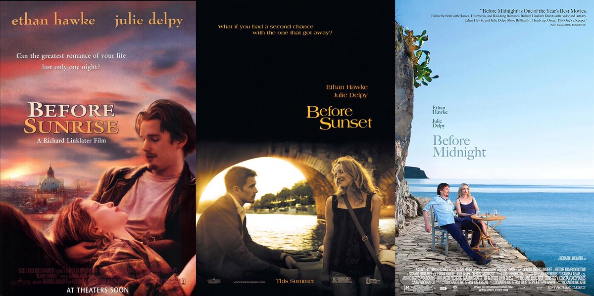 The Before Sunrise - Before Sunset - Before Midnight trilogy with Ethan Hawke and Julie Delpy only gets better as you transition through different phases in life yourself. It's beautiful when art both reflects and foreshadows life, taking on new meaning every time you watch it.