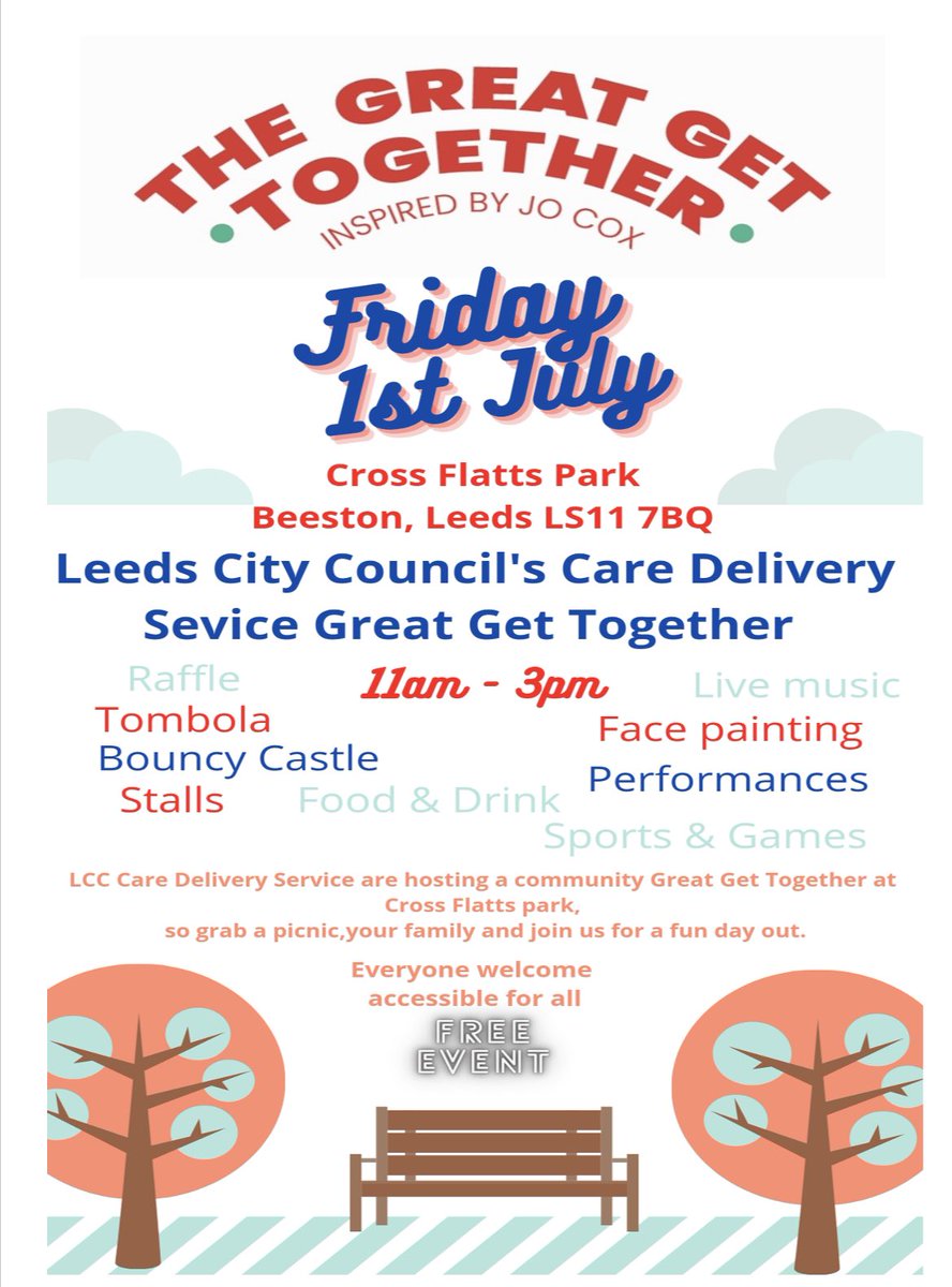 Emilymorgan1989's tweet photo. Come and Join us on Friday 1st July in Cross Flatts Park for our Annual Great Get Together. Good Entertainment, Good Food and hopefully Good Weather βοΈ π¦ @mcfarlanesvl @CatherineSmeth1 @LCC_CDS @KTGallon @LCCRecoveryHubs @LCCHomeshare @LCCSharedLives @CareQualityLCC https://t.co/g0QRJTliev