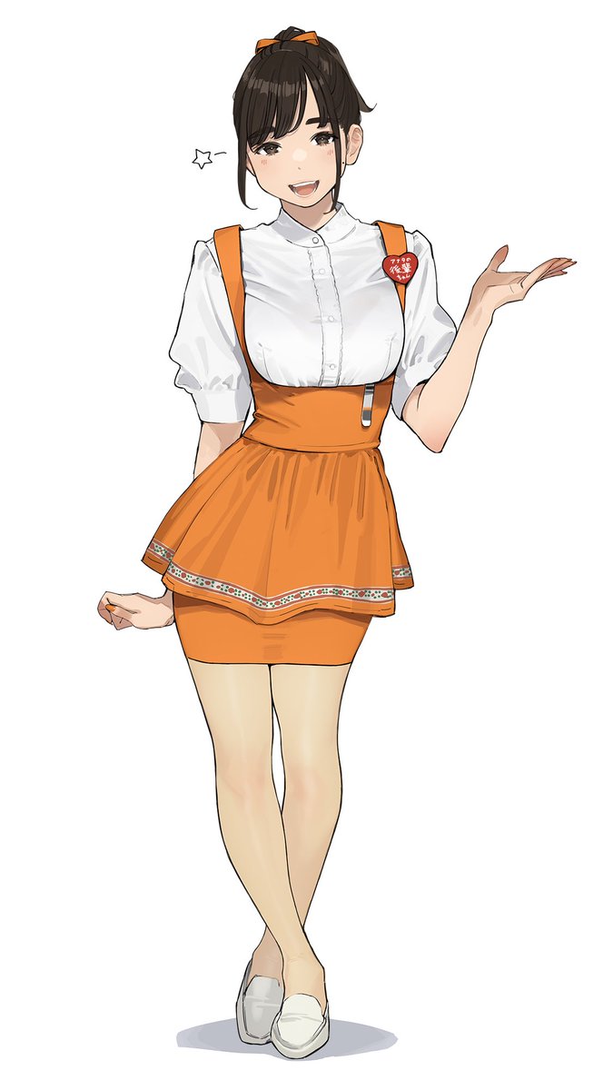 1girl solo waitress orange skirt skirt white background pantyhose  illustration images