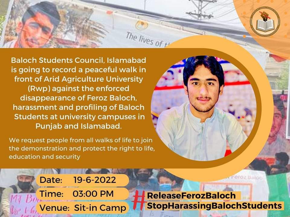 jasimghaffar's tweet photo. Baloch students council Islamabad is going to record a peaceful walk in front of Arid Agriculture University (RWP) 3:pm  19.6:2022
#SaveBalochStudents #ReleaseFerozBaloch https://t.co/YzlTDHKdJS