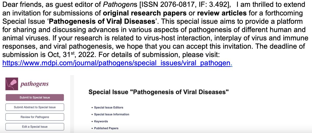 Pleaes check this out: Special Issue ‘Pathogenesis of Viral Diseases’: mdpi.com/journal/pathog…