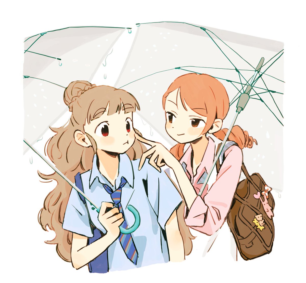 hojo karen ,kamiya nao cheek poking multiple girls 2girls poking umbrella necktie bag  illustration images