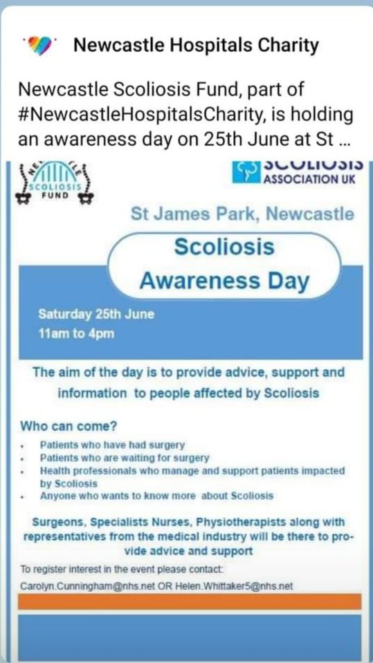 Reminder that next Saturday there is a Scoliosis Awareness day at St James Park for those interested in this area.