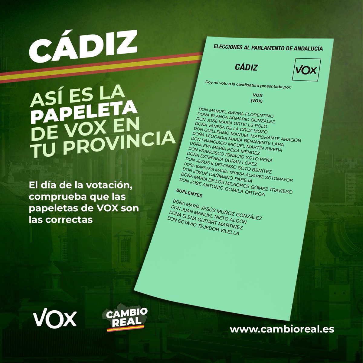 vox_es's tweet photo. ⚠️ ¡Ojo! Si en tu centro electoral ocurre algún incidente con las papeletas de VOX: denúncialo de inmediato ante los miembros de la mesa, a nuestros apoderados o a la policía.

🗳️ #EleccionesAndaluzas

Estas son las papeletas de VOX en cada provincia ⬇️ https://t.co/TIOCE5lswF