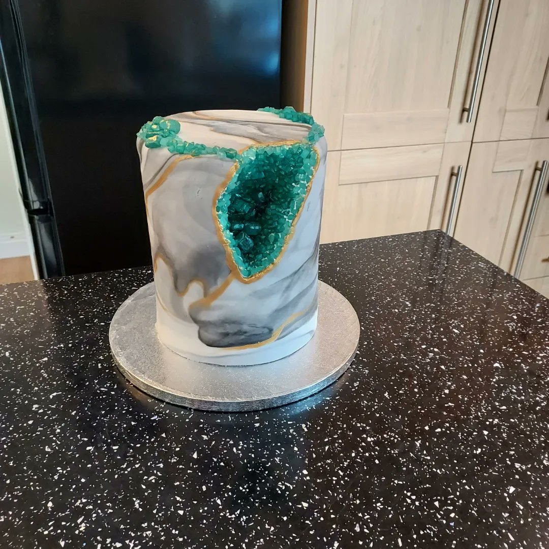 First attempt at geo cake. Filled Vanilla sponge &amp; jam. Covered in buttercream &amp; covered with marbled fondant.