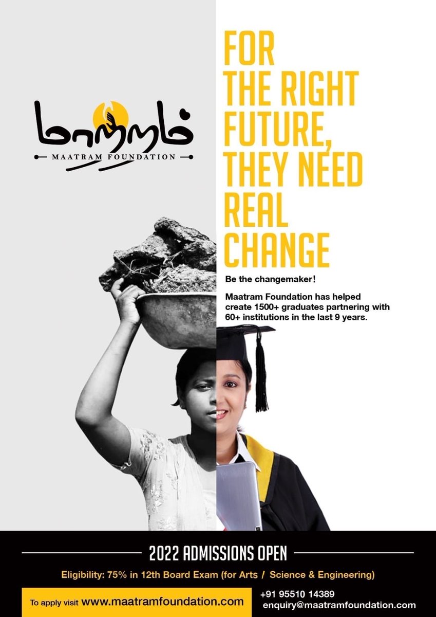 sujithkumar13's tweet photo. Friends, happy to open our admissions  for the academic year 2022. Should you know of children without parents, girl children and students from economically weaker section, pls do refer them. Selected students will get full scholarship for their higher studies #MaatramFoundation https://t.co/gSit5ckjBX