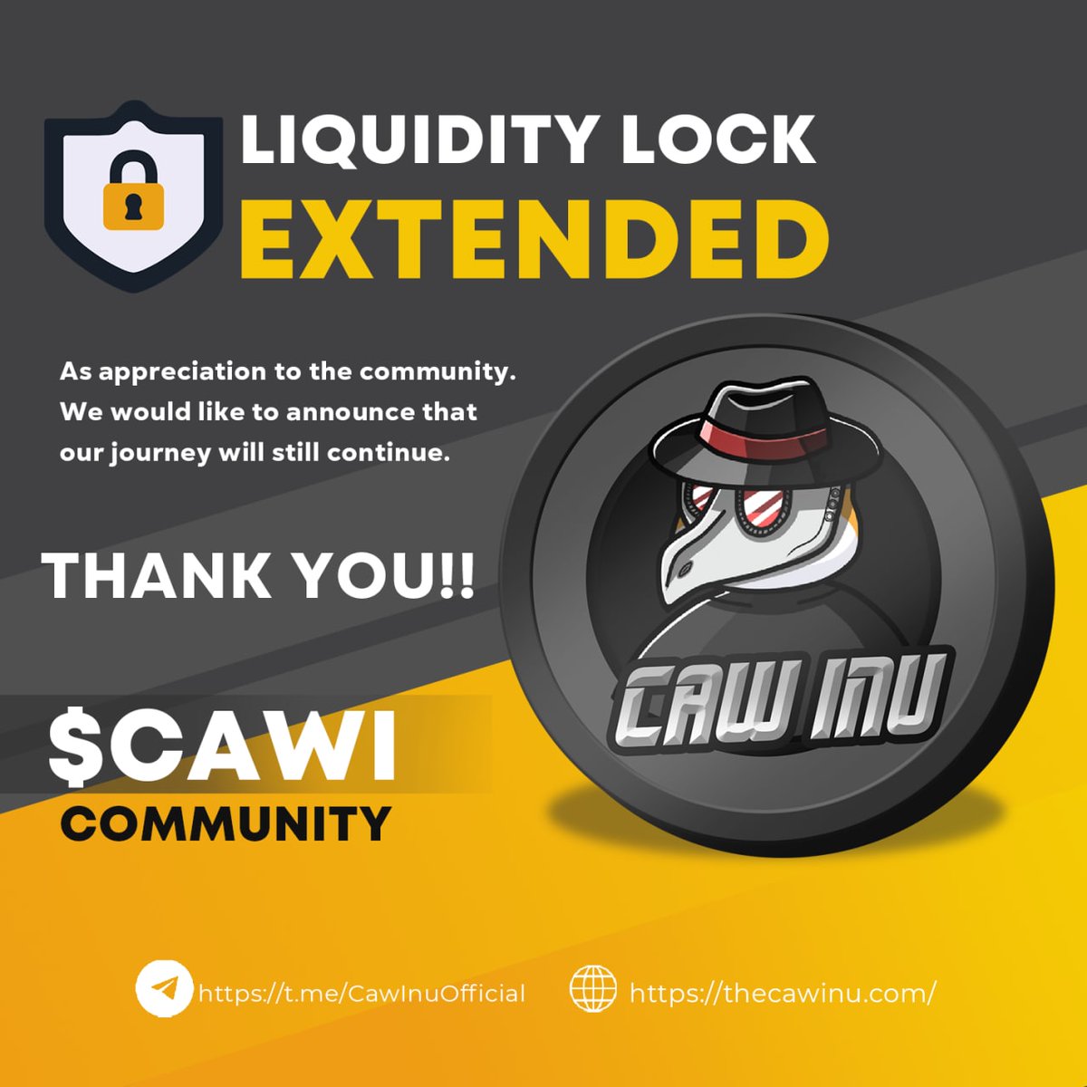 🔏Liquidity lock Extended 7months‼️
👀Big Callers Requirement! 
Guess what's Coming next? 

LP lock link:
pinksale.finance/pinklock/recor…

#CAWI #CAWINU #BSC 

#CAWARMY #CAWMUNITY #SHIBA #SHIB #BITCOIN #shibainu #daddy #CryptoCommunity #dogecoin $CAWI $BTC #Tether #Bitcoincash #ElonMusk