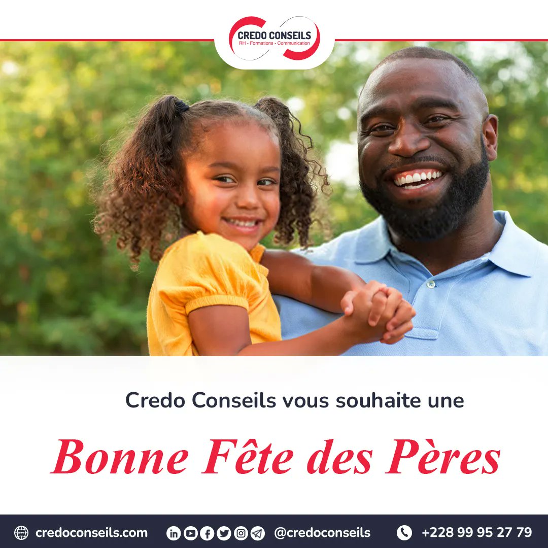 CredoConseils's tweet photo. 🎉 Credo Conseils souhaite une bonne fête à tous nos papas. 💐
#19juin #fetedesperes2022 #fathersday
#RH
#Embauche, #Entretien, #emploi, #coachemploi, #recherchedemploi, #trouverunemploi, #emploitogo https://t.co/4XOuLjHSfj