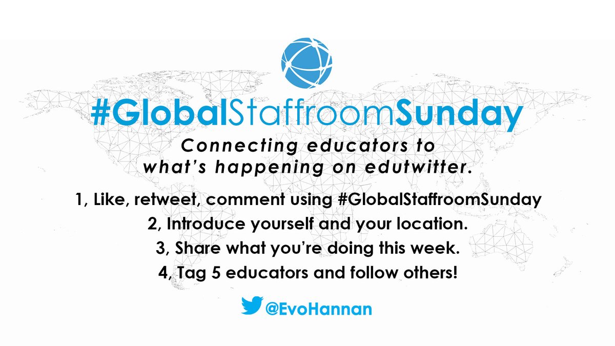 Welcome to #GlobalStaffroomSunday🌍! Connecting educators to what's happening on #Edutwitter this week.

✅ Introduce yourself and what you're doing this week 🎙️
✅ Like, RT, comment with #GlobalStaffroomSunday🌍
✅ Tag 5 educators, connect, follow others 👍
✅ Have fun! 🥳